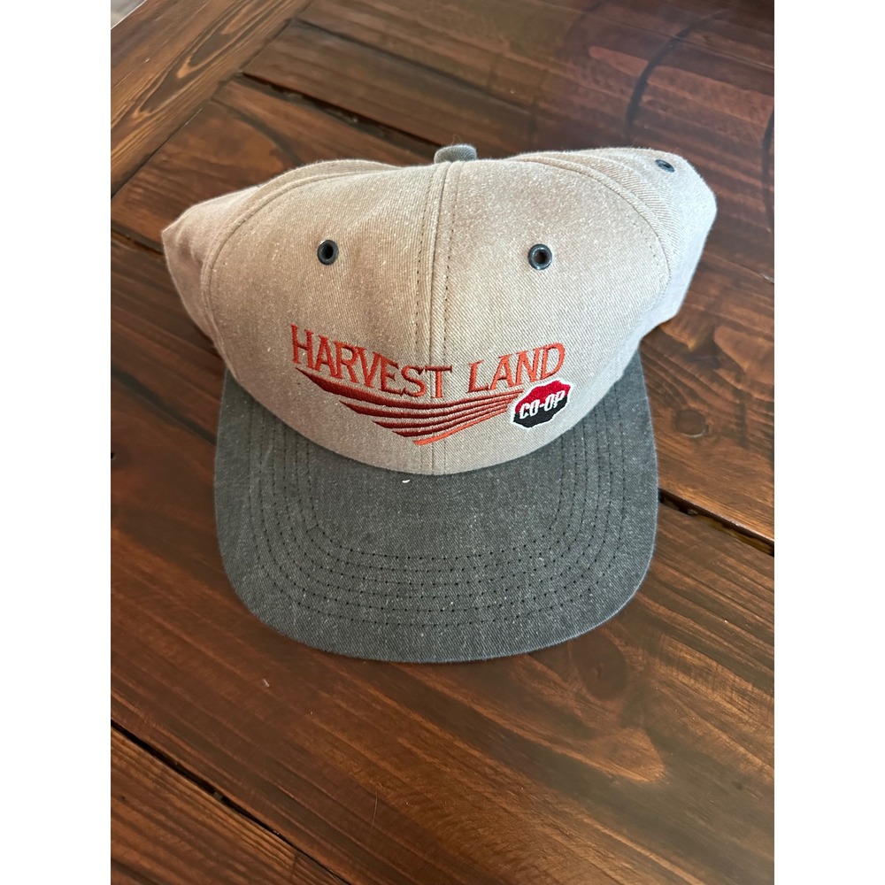 Vintage Harvest Land Co-Op Snapback Hat Two Tone Tan Grey Embroidered Farm Cap